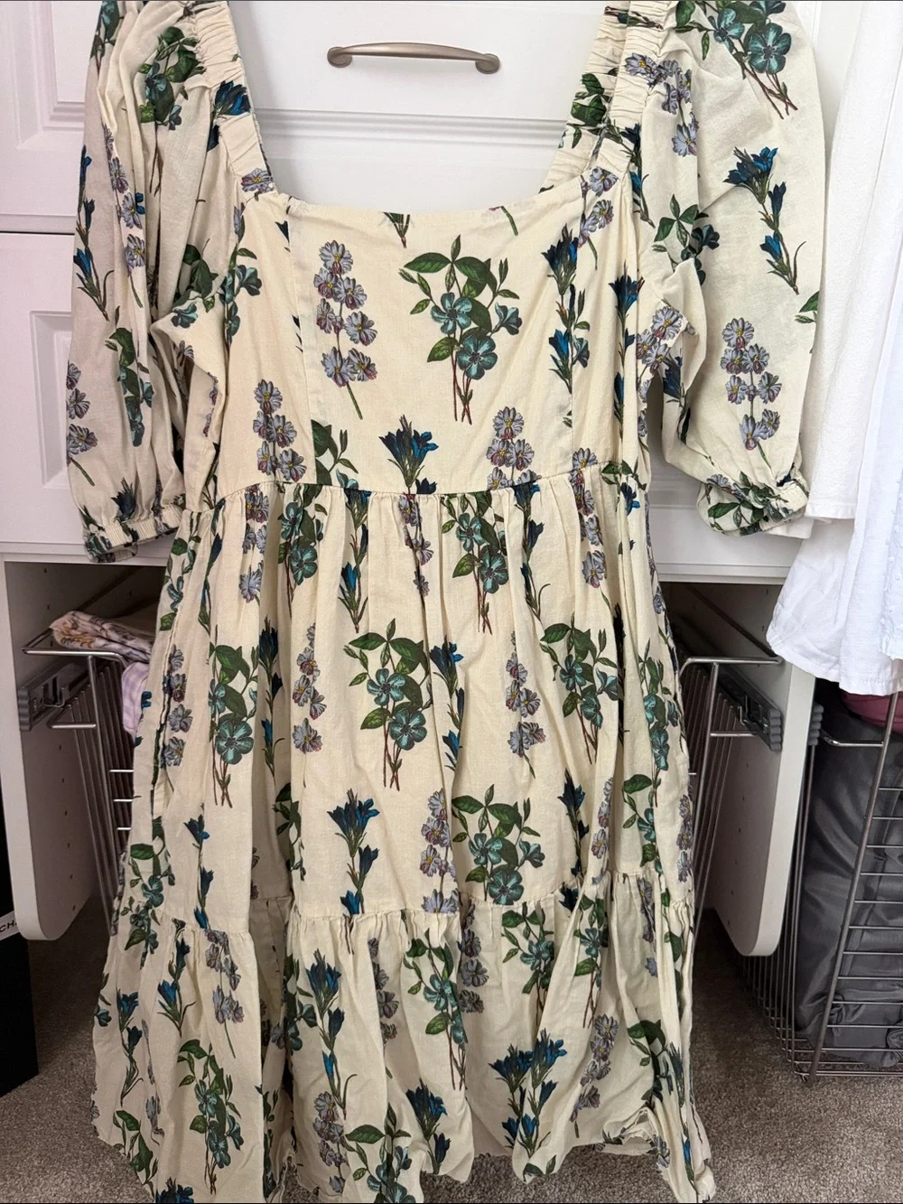 Pink Chicken Cream Floral Midi Dress with Green & Blue Print - Picture 1 of 5